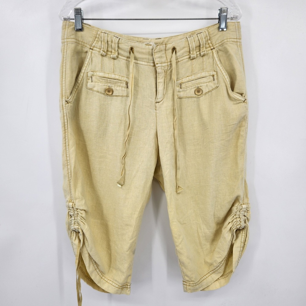 Hei Hei Anthropologie Yellow Linen Blend Ruched Side Tie Cargo Capri Short 8 Y2K